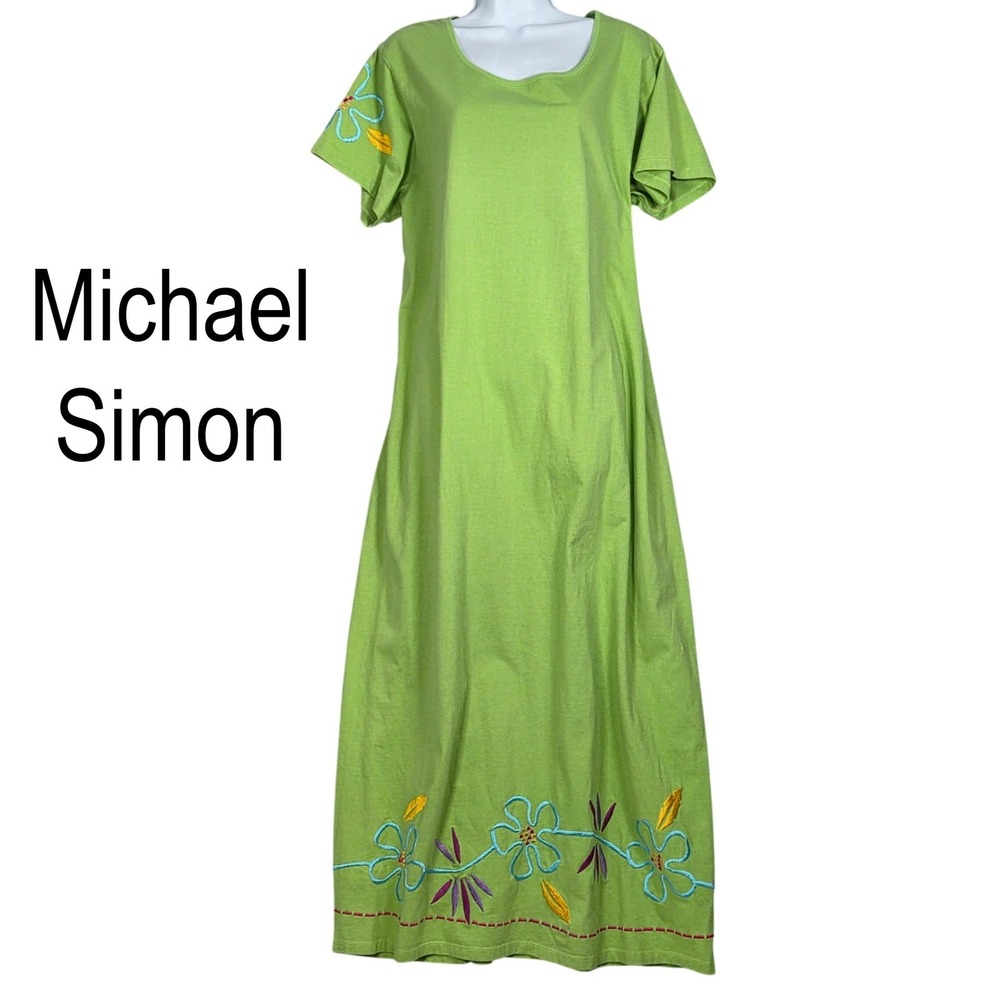 Michael Simon Women 2XL Floral Embroider Summer T Shirt Maxi Dress Green‎ SS